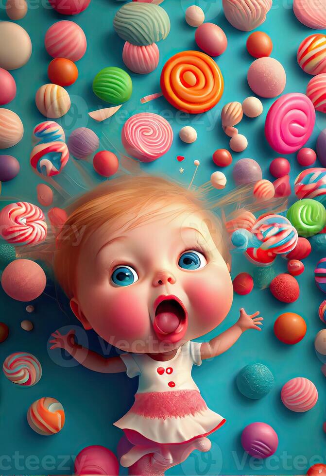 illustration of cute baby character and a lot of lollipops flying around, background confectionery photo