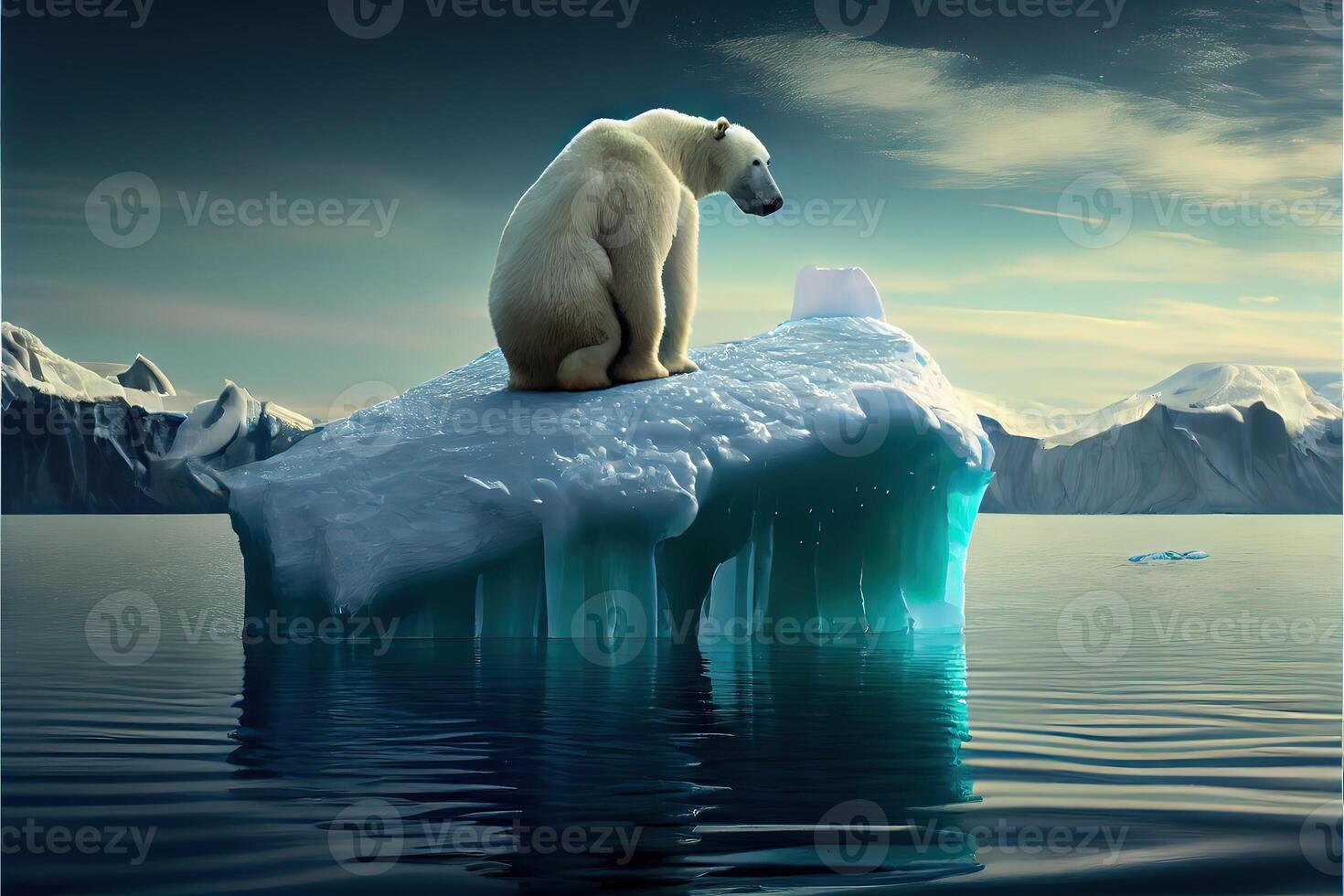 illustration of lonely white bear on iceberg, aurora sky photo