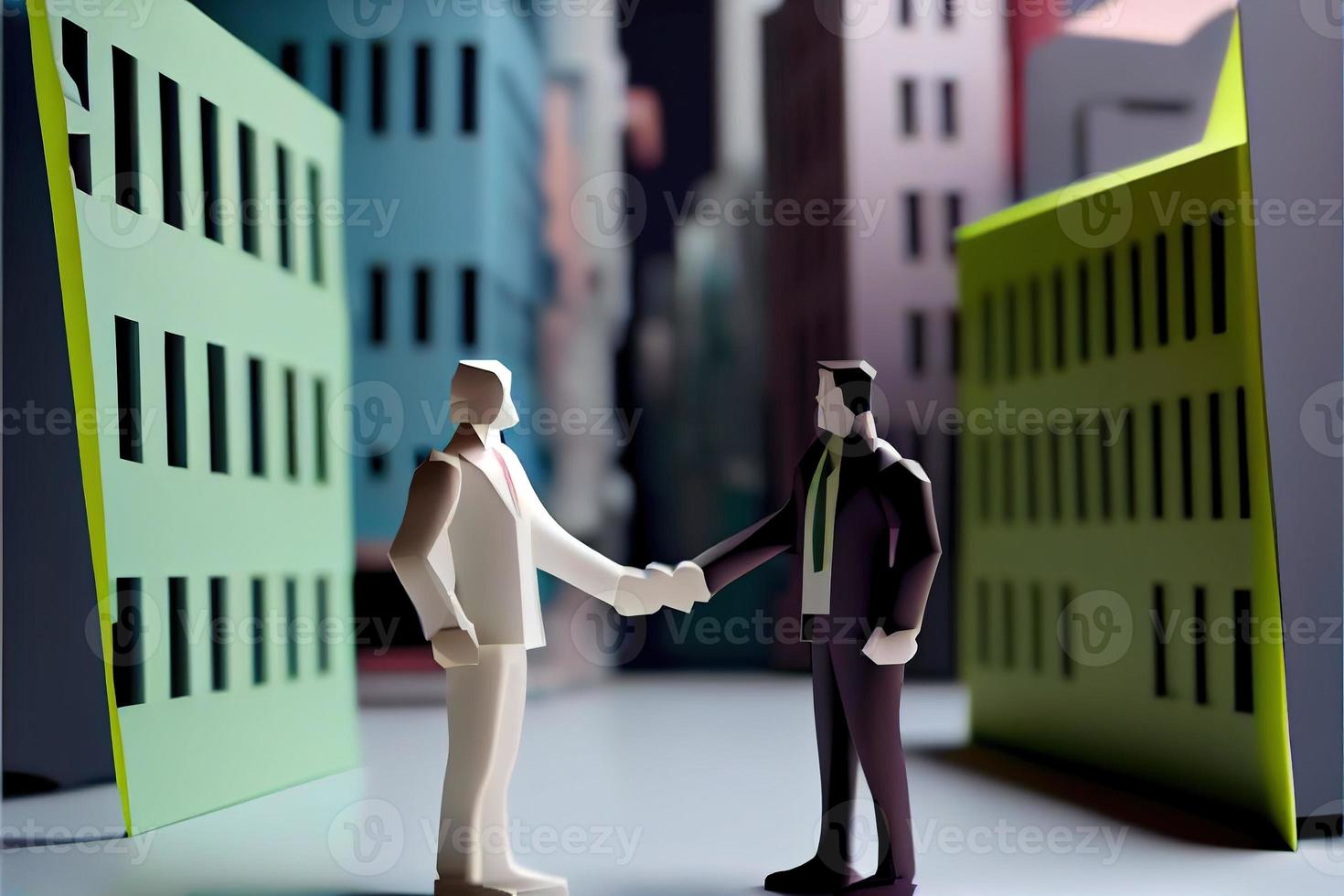 Business man in the city background, colorful. Business handshaking, successful concept. Paper cut craft, 3d paper illustration style. Neural network generated art. photo