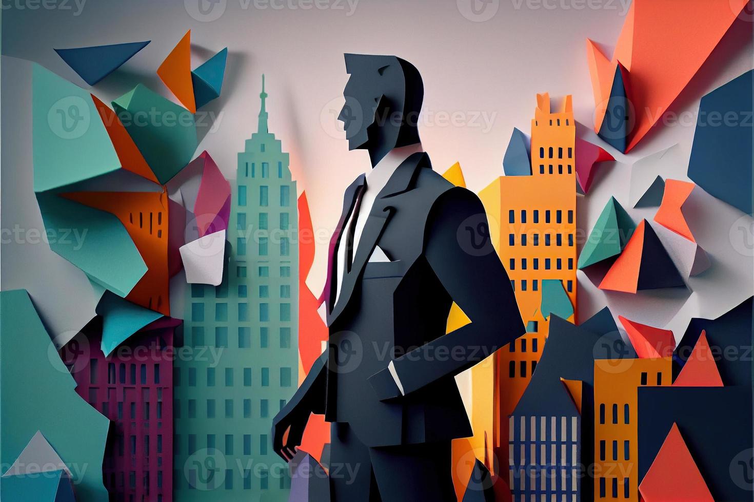 Business man in the city background, colorful. Business handshaking, successful concept. Paper cut craft, 3d paper illustration style. Neural network generated art. photo