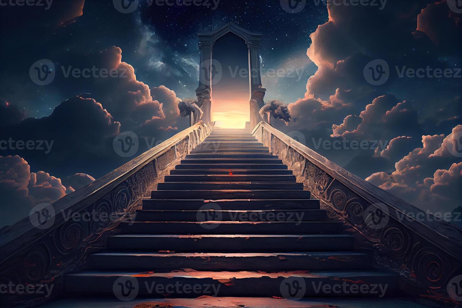 generativo ai ilustración de un maravilloso escalera ese Guías arriba a un celestial reino. el escalera son iluminado con un suave, etéreo luz, un brumoso, mágico calina foto