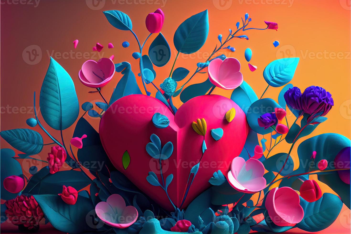 valentines day background, love heart shape make by rose, cherry blossom, daisy flowers... . Neural network generated art. Digitally generated image. Not based on any actual scene or pattern. photo