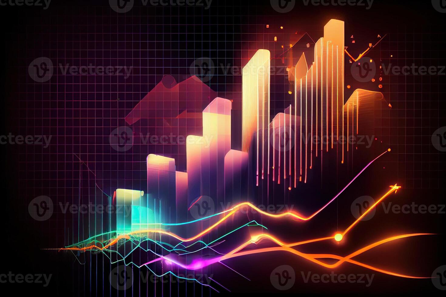 illustration of crypto market data, chart, silhouette crypto currency market, isometric, colorful gradient background photo