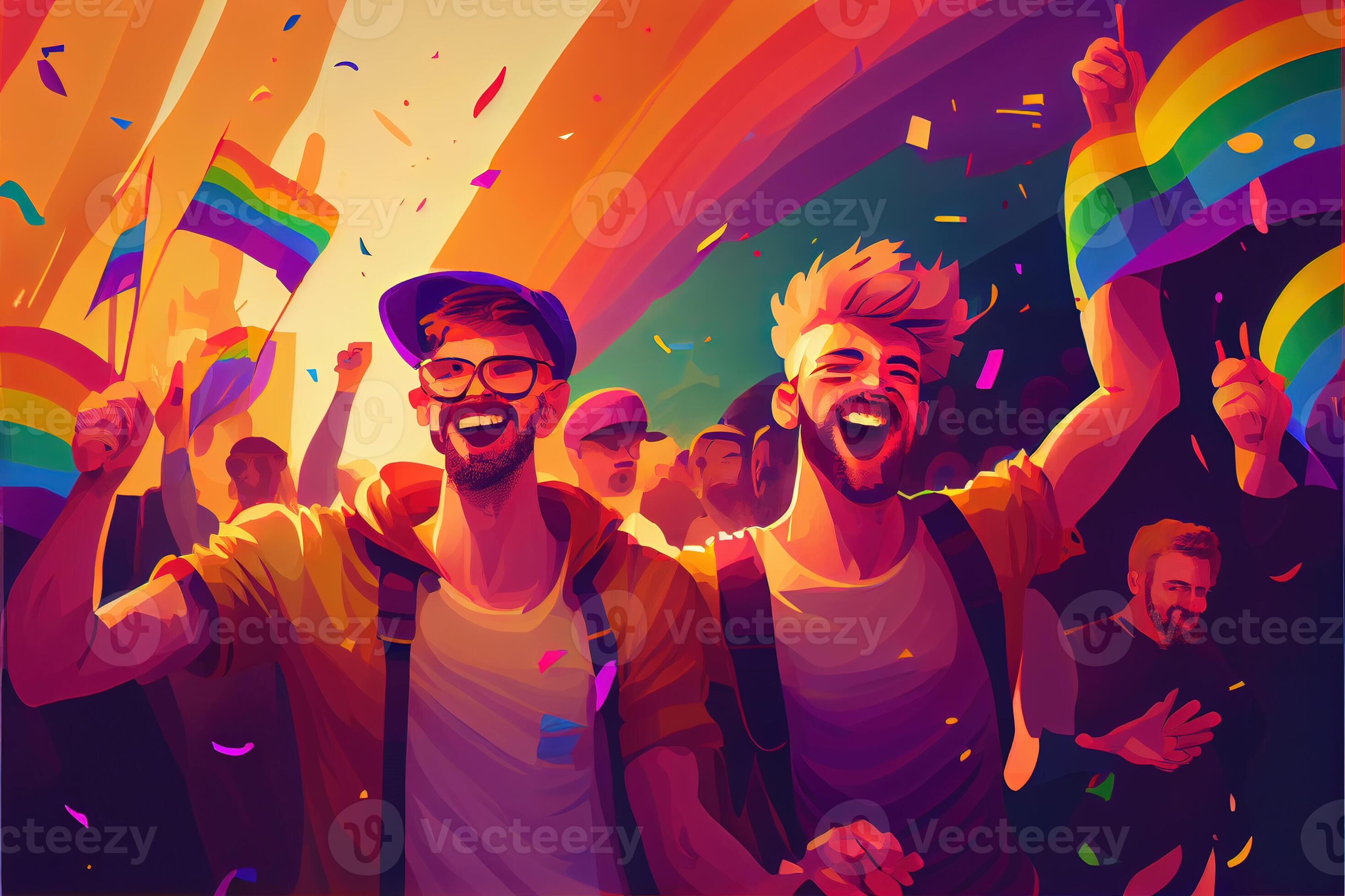illustration of Diversity young gay women and men with waving pride ...