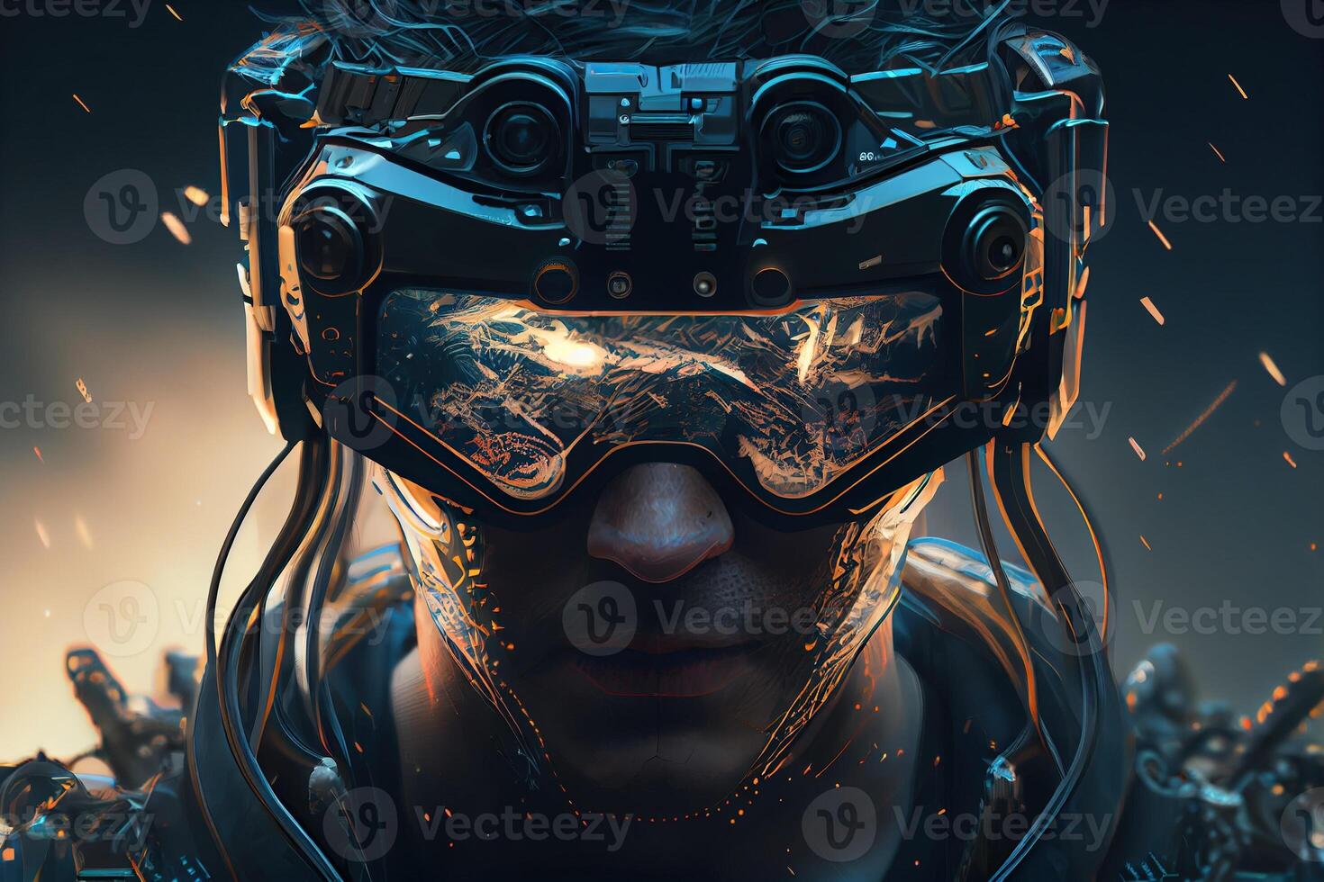 illustration of Metaverse concept and virtual world elements. Side view of human face in augmented or virtual reality headset inside the metaverse photo