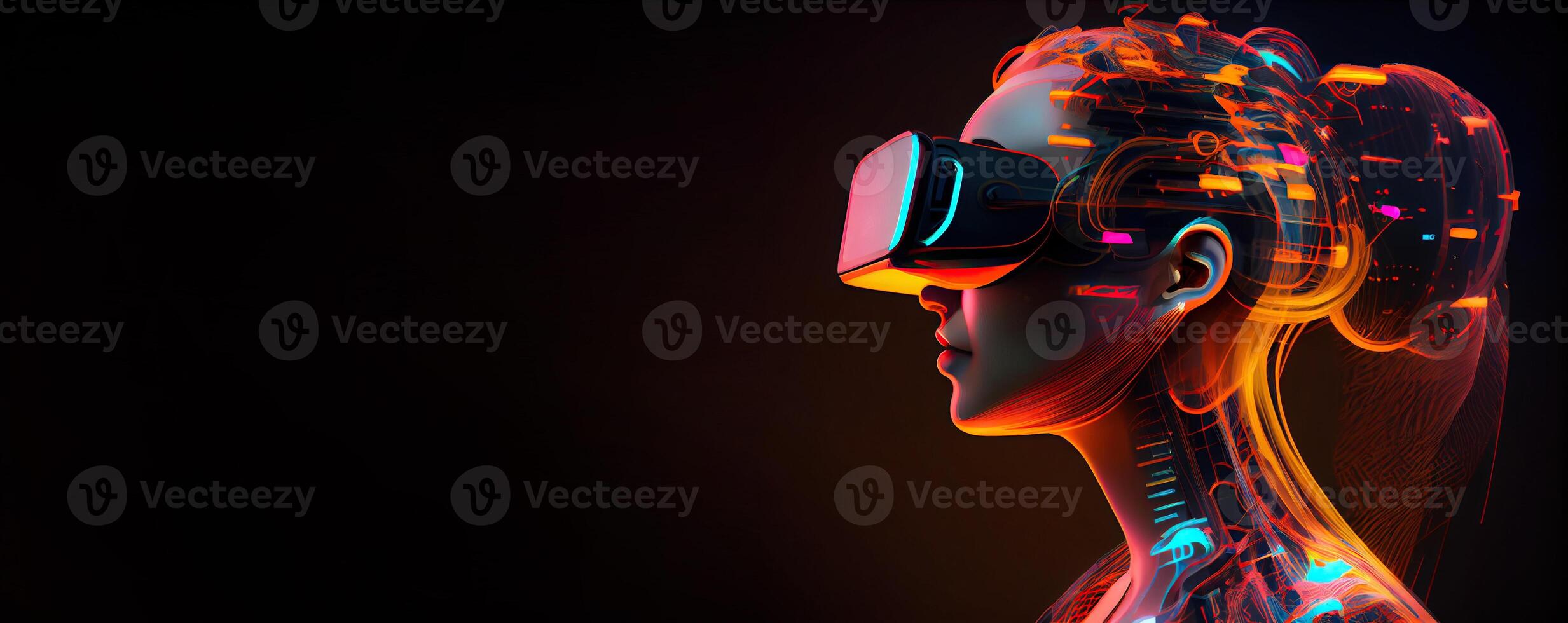 illustration of Metaverse concept and virtual world elements. Side view of human face in augmented or virtual reality headset inside the metaverse photo