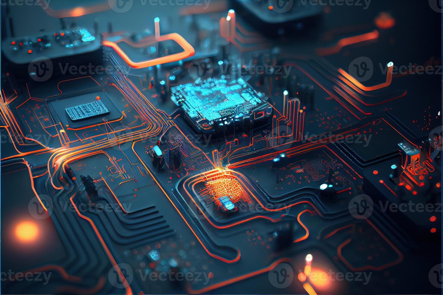 illustration of macro shot of circuit cyberspace board with computer motherboard component microchip with chip structure. Neural network generated art. photo
