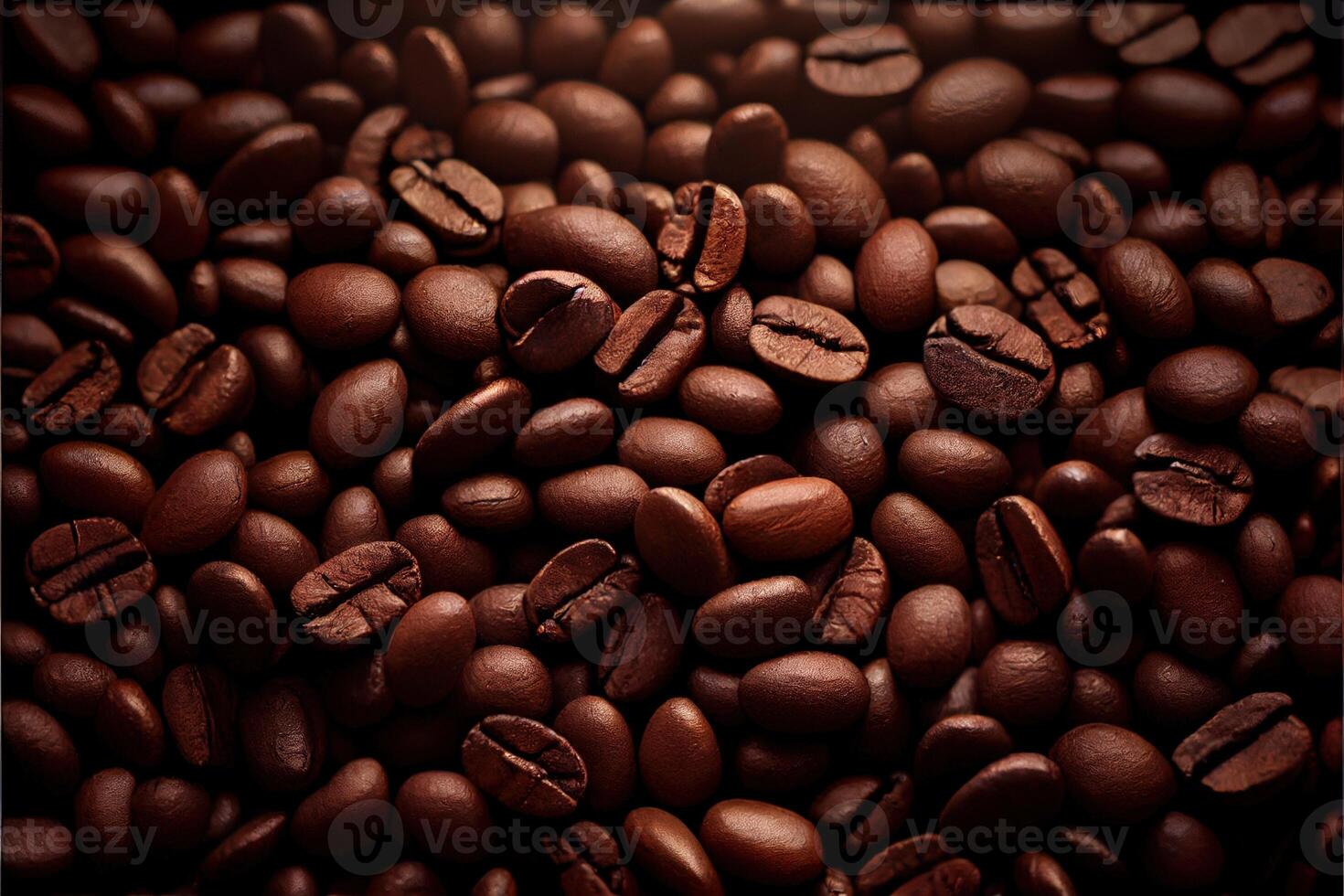 illustration of Roasted Coffee Beans Closeup On Dark Background, blurred background photo