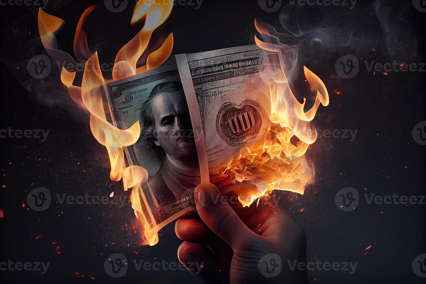 illustration of the metaphorical concept of loss and waste through the image of burning money photo