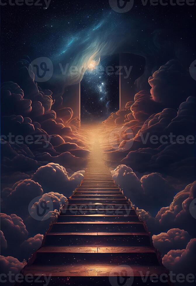 illustration of a stunning staircase that leads up to a heavenly realm. The stairs are illuminated with a soft, ethereal light, a misty, magical haze photo