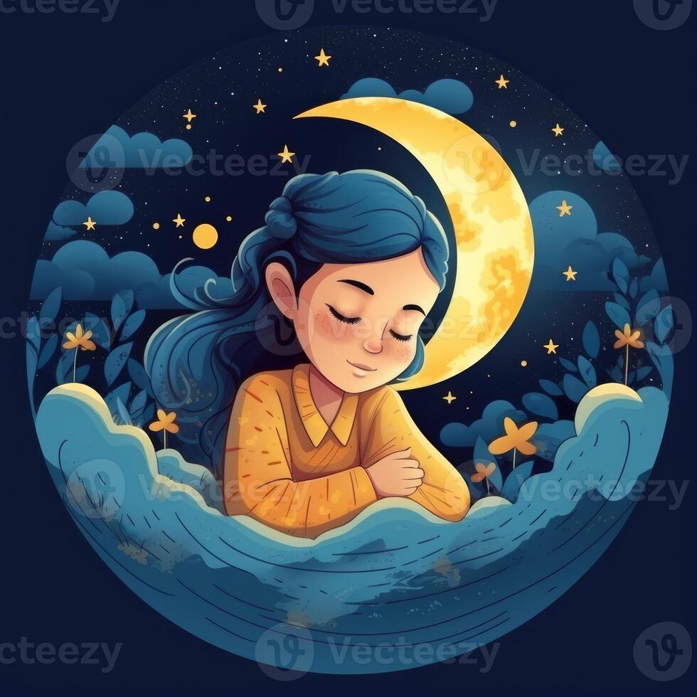 Girl sleeping among the blue sky, bright moon and stars, cartoon with photo