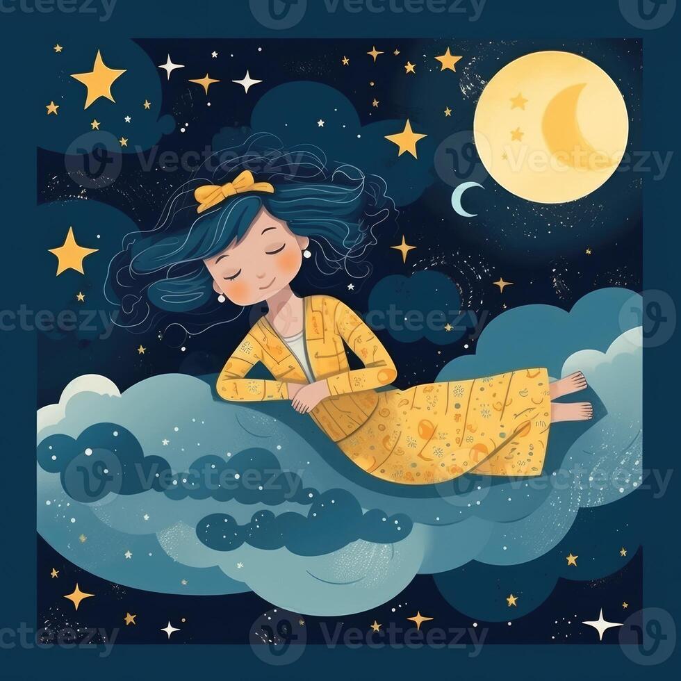 Girl sleeping among the blue sky, bright moon and stars, cartoon with photo