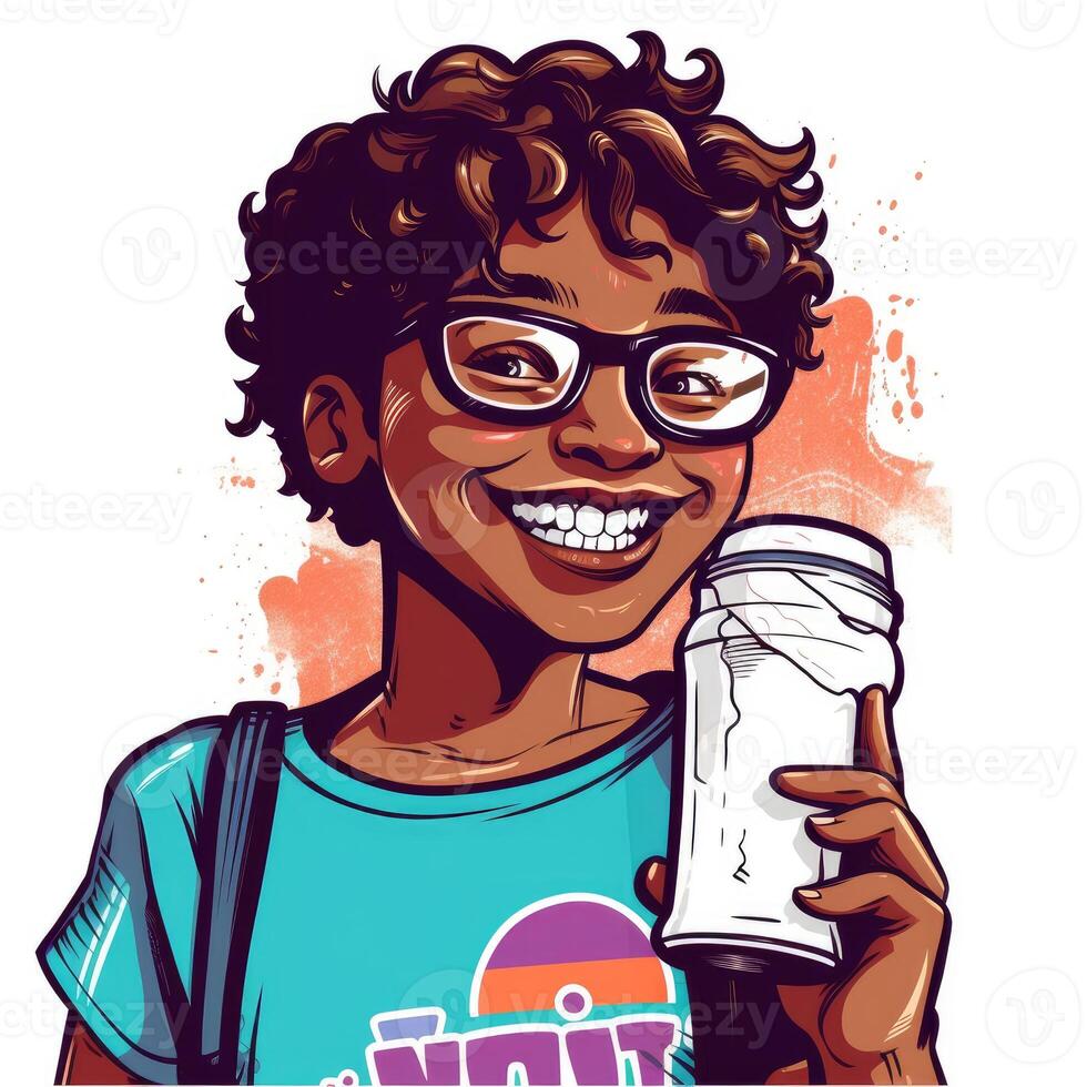 Young boy drinking milk, cartoon illustration with photo