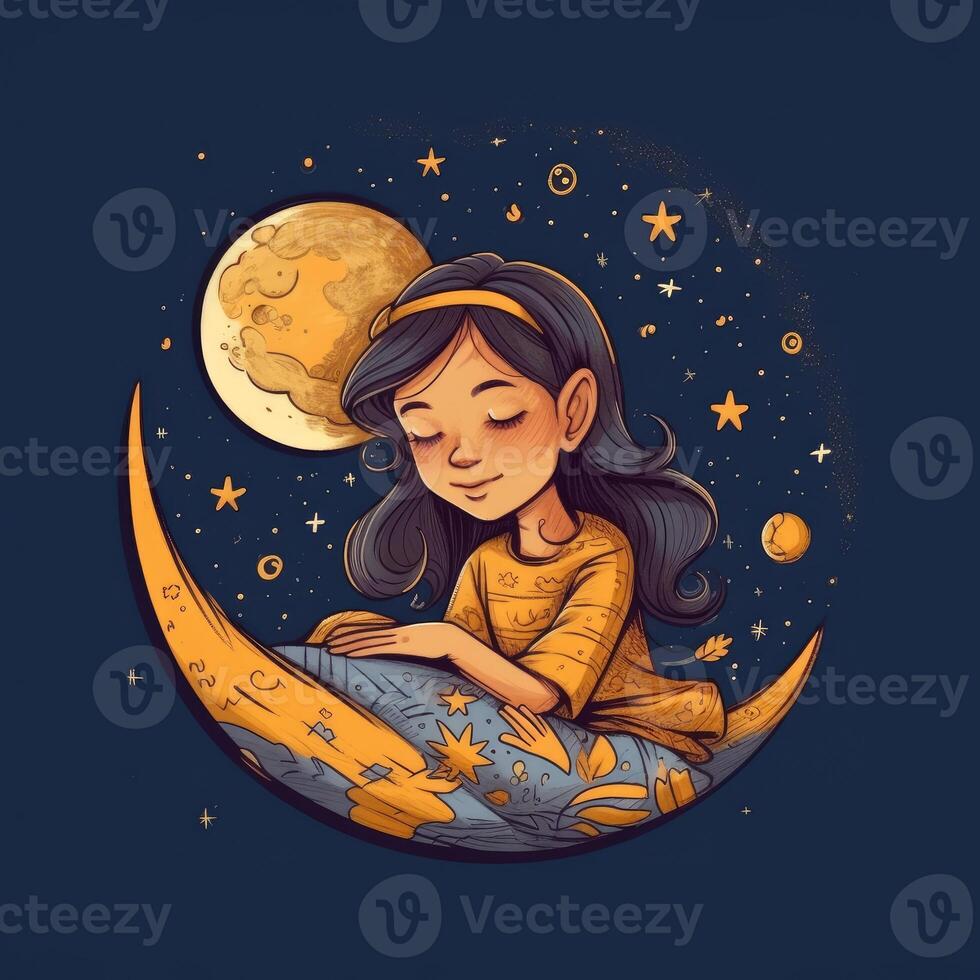 Girl sleeping among the blue sky, bright moon and stars, cartoon with photo