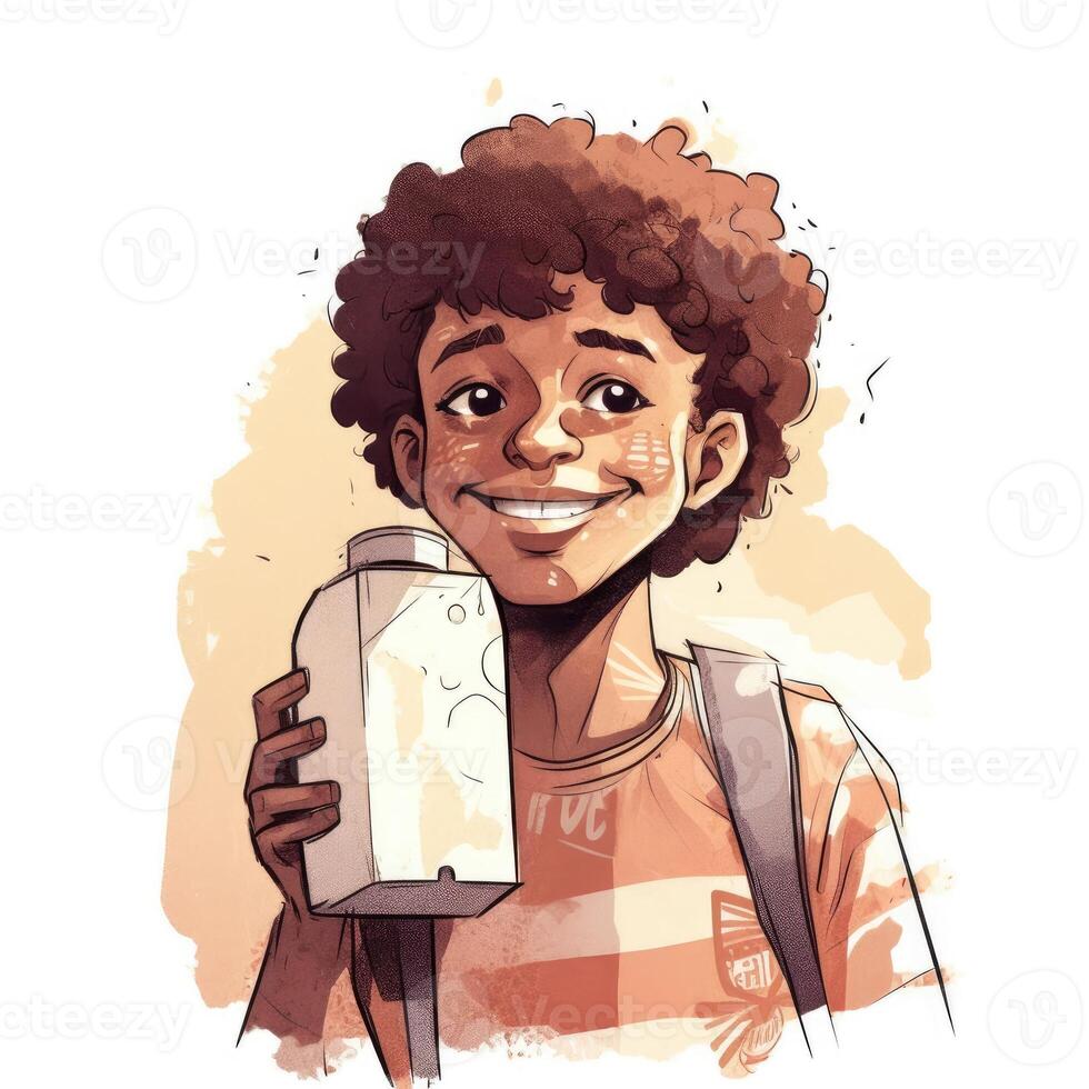 Young boy drinking milk, cartoon illustration with photo