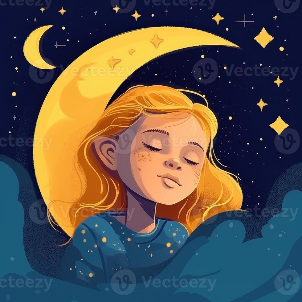 Girl sleeping among the blue sky, bright moon and stars, cartoon with photo