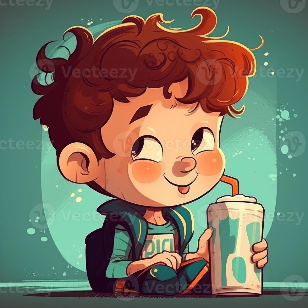 Young boy drinking milk, cartoon illustration with photo