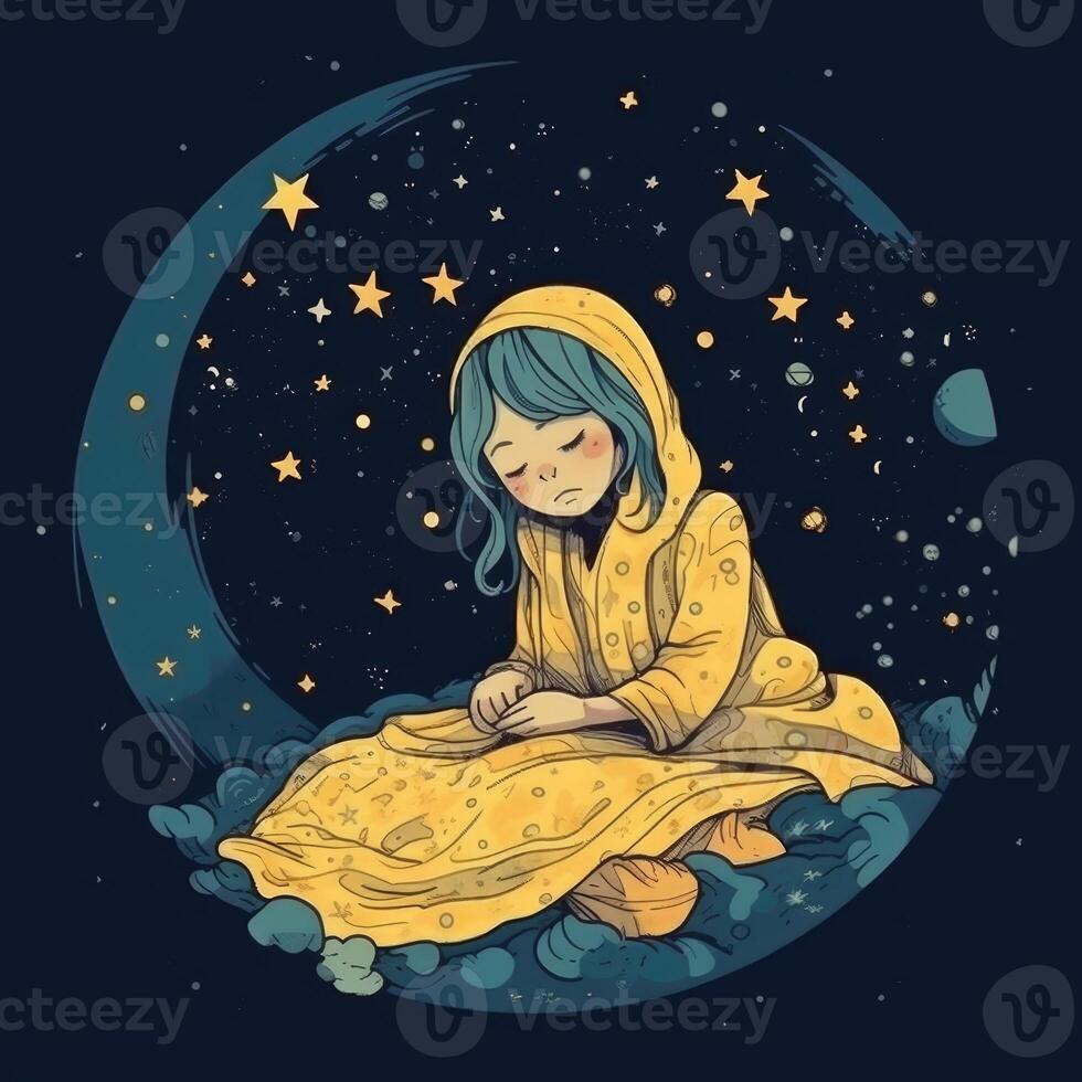Girl sleeping among the blue sky, bright moon and stars, cartoon with photo