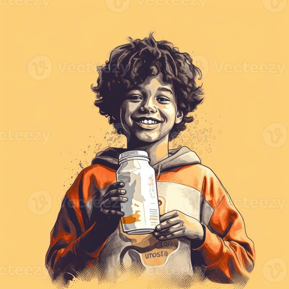 Young boy drinking milk, cartoon illustration with photo