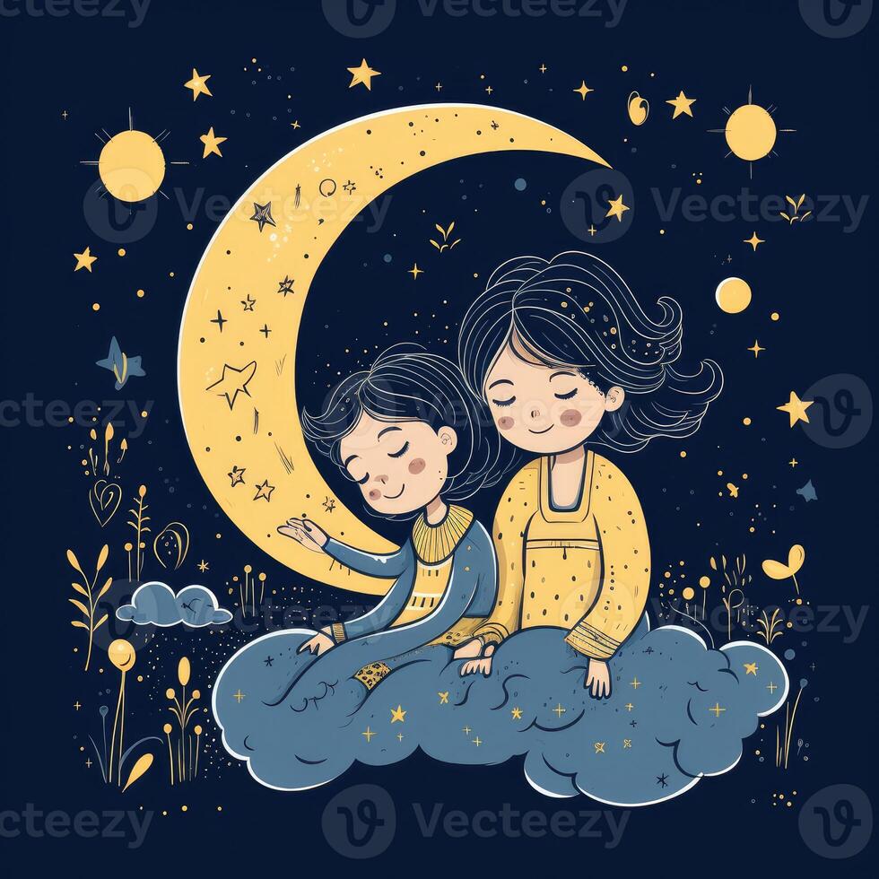 Baby sleeping among blue sky, bright moon and stars, cartoon with photo