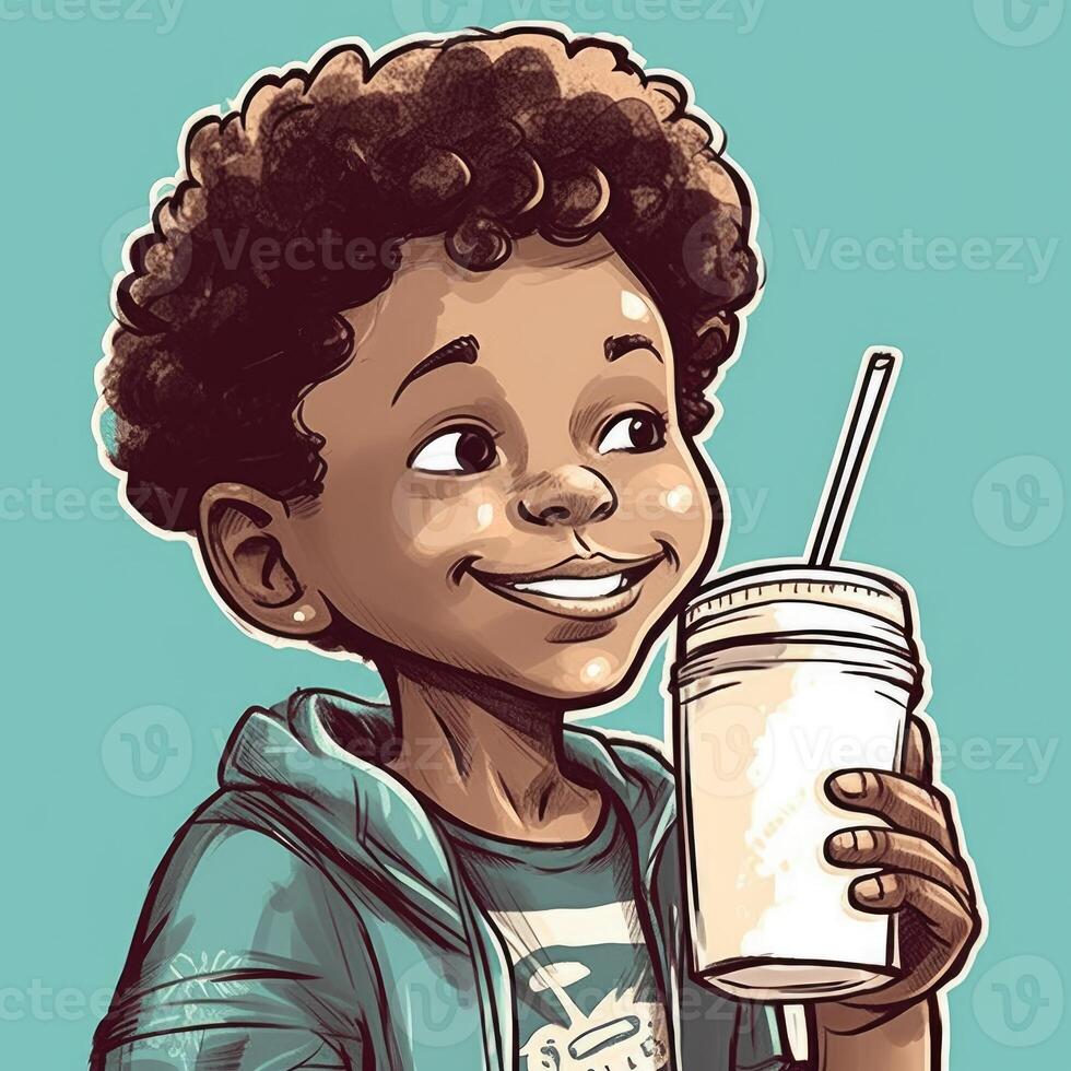 joven chico Bebiendo leche, dibujos animados ilustración con generativo ai foto