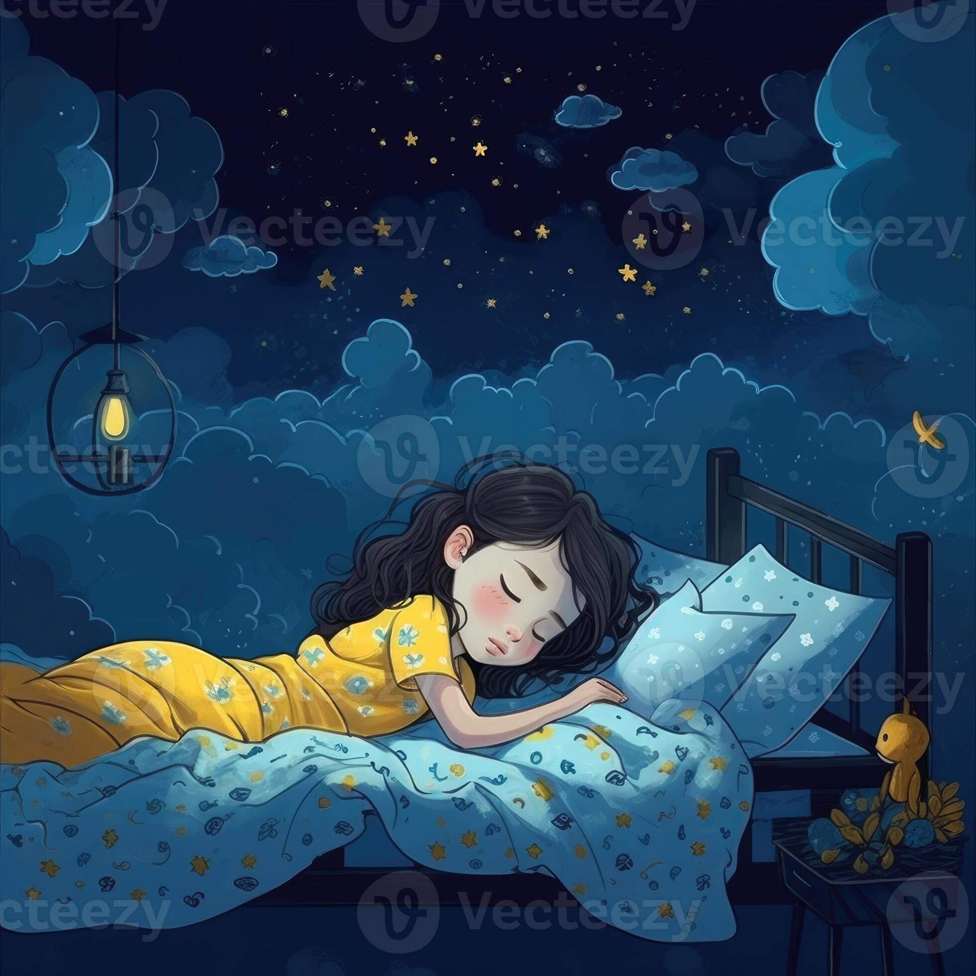Girl sleeping among the blue sky, bright moon and stars, cartoon