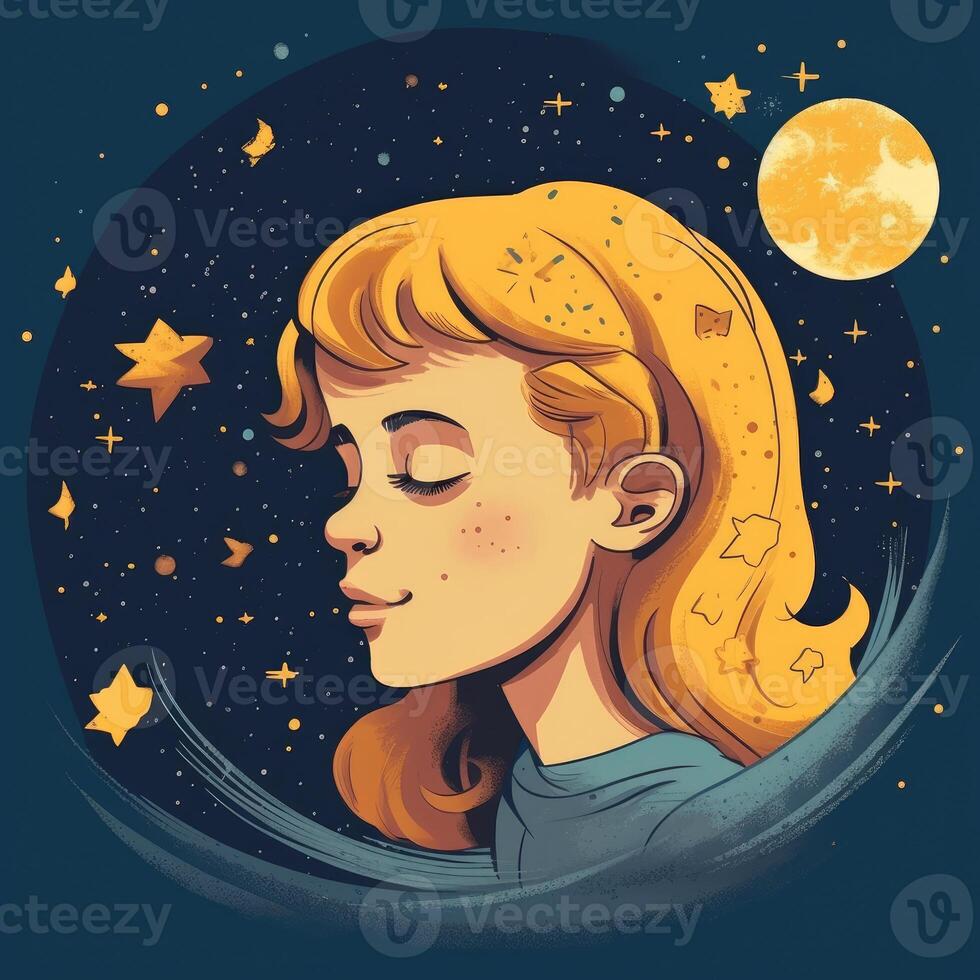 Girl sleeping among the blue sky, bright moon and stars, cartoon with photo