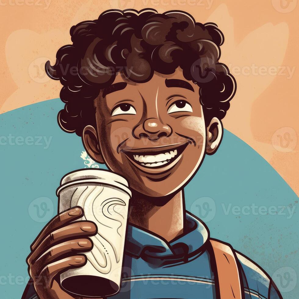 Young boy drinking milk, cartoon illustration with photo