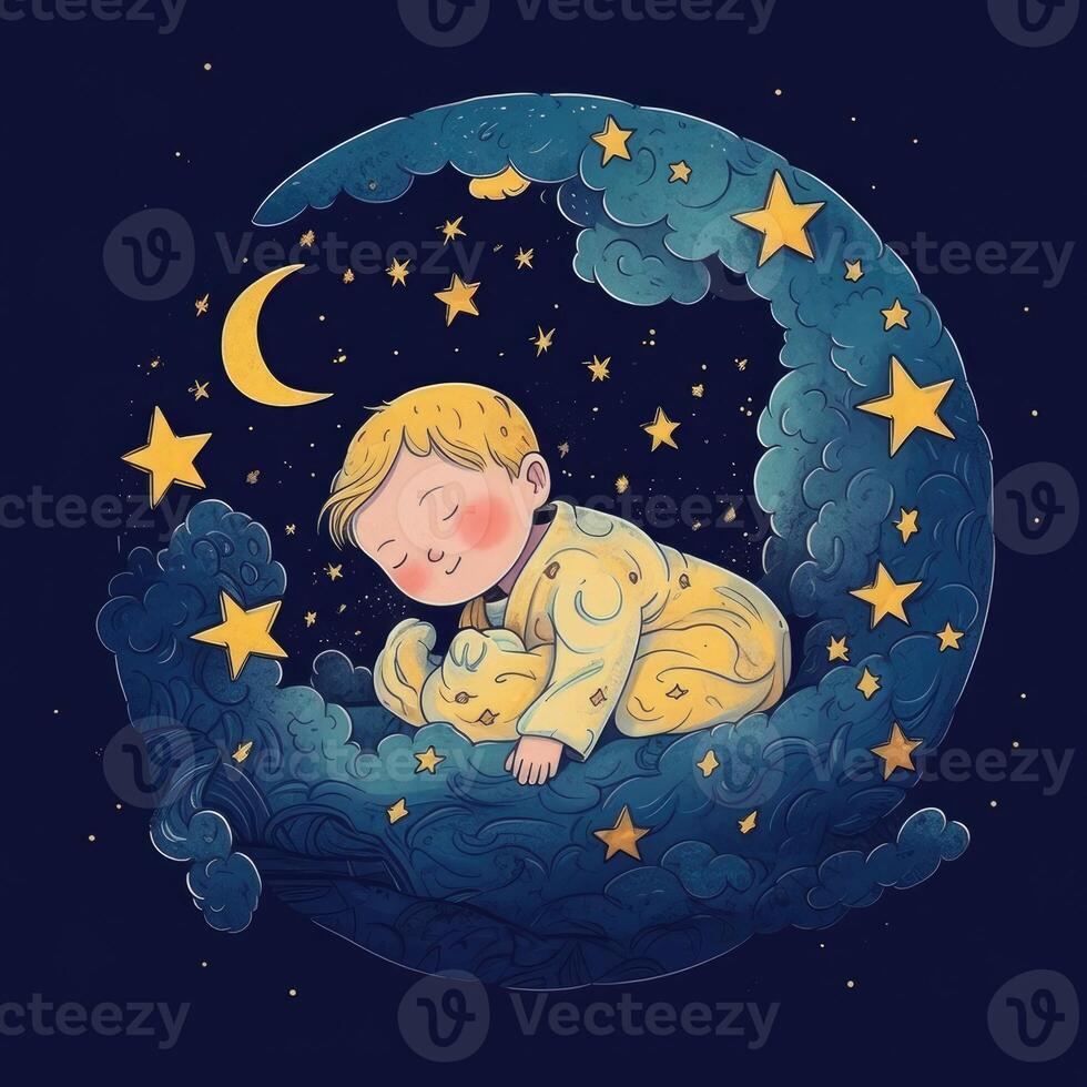 Baby sleeping among blue sky, bright moon and stars, cartoon with photo