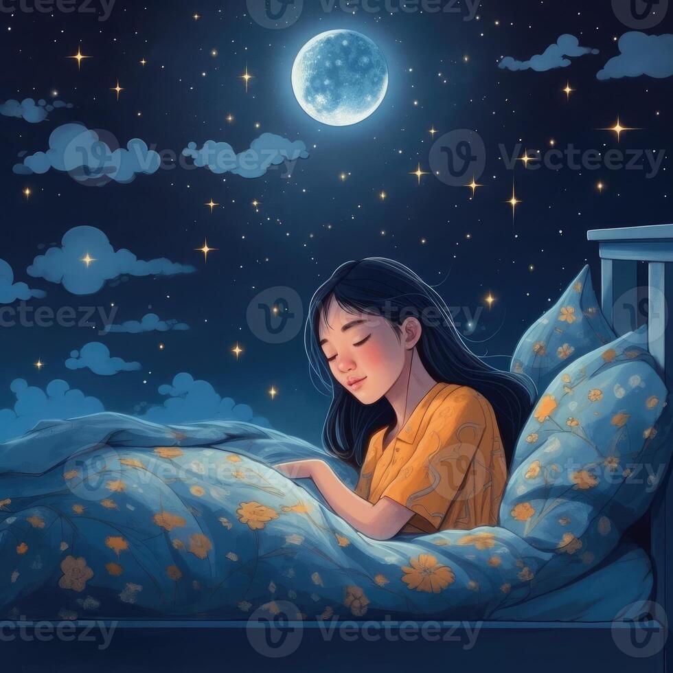 Girl sleeping among the blue sky, bright moon and stars, cartoon with photo