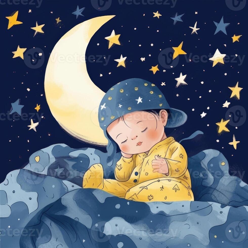 Baby sleeping among blue sky, bright moon and stars, cartoon with photo
