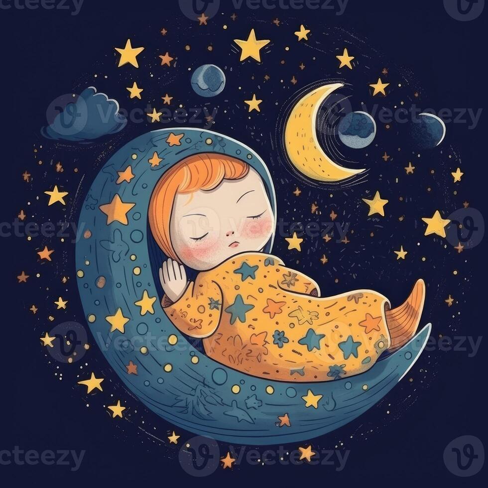 Baby sleeping among blue sky, bright moon and stars, cartoon with photo