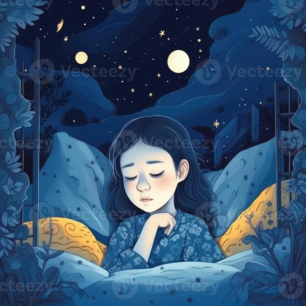 Girl sleeping among the blue sky, bright moon and stars, cartoon with photo