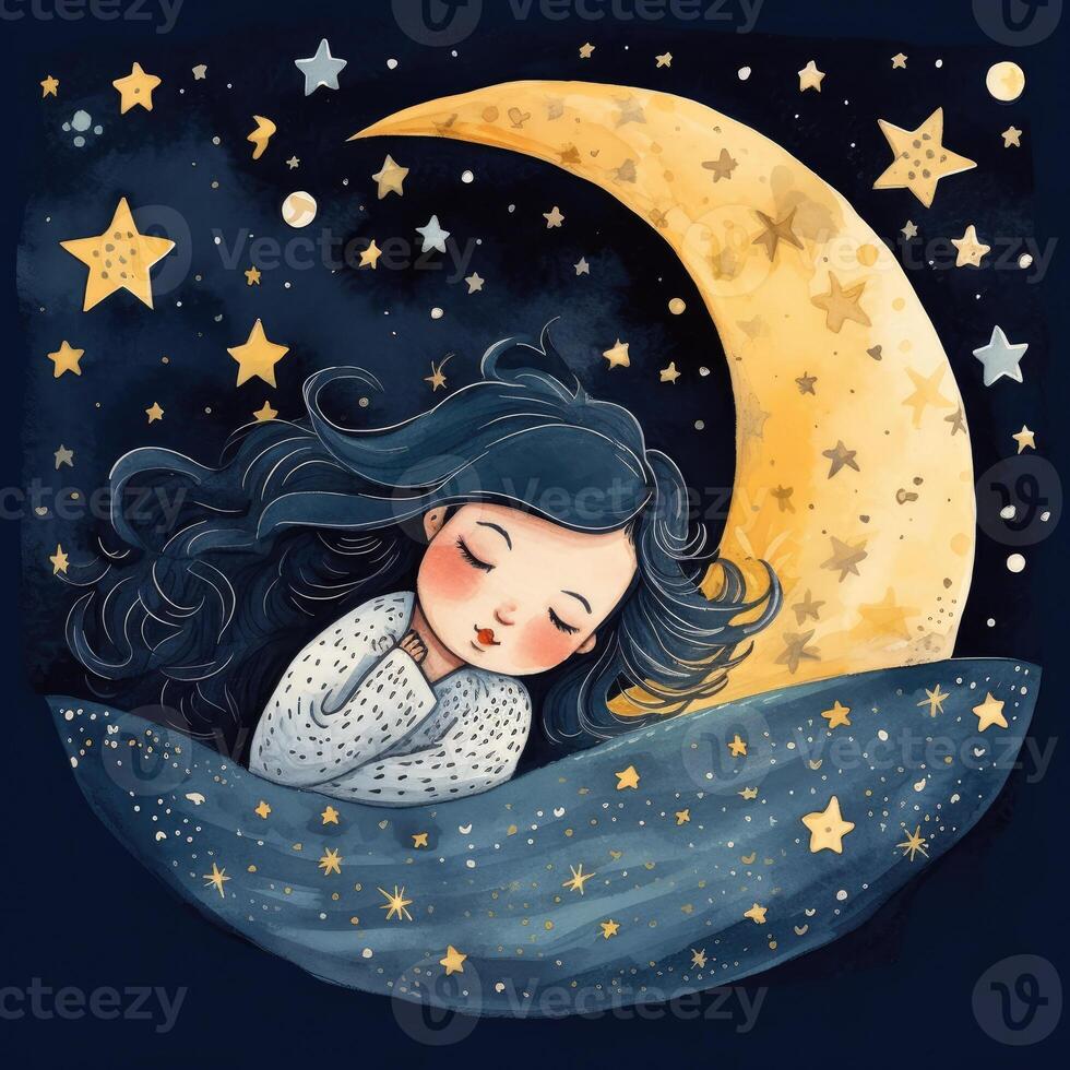 Girl sleeping among the blue sky, bright moon and stars, cartoon with photo