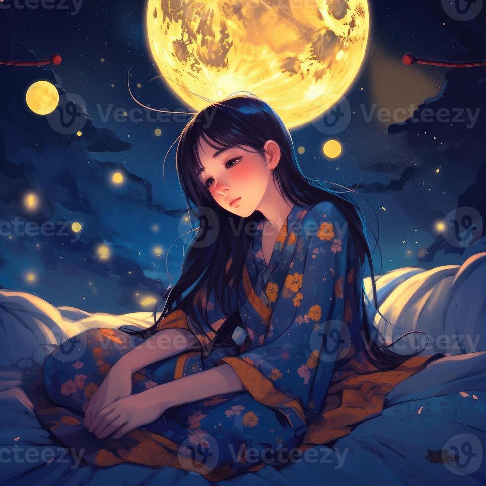 Girl sleeping among the blue sky, bright moon and stars, cartoon with photo