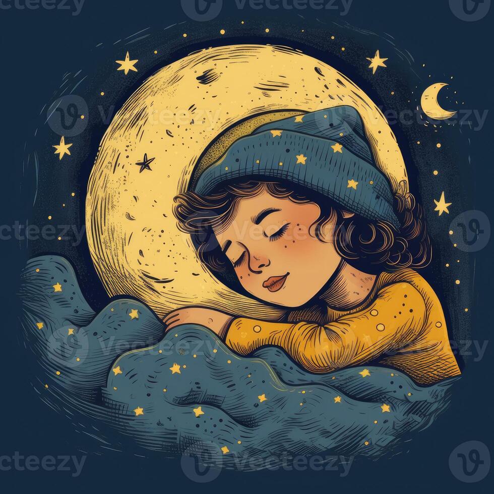 Girl sleeping among the blue sky, bright moon and stars, cartoon with photo