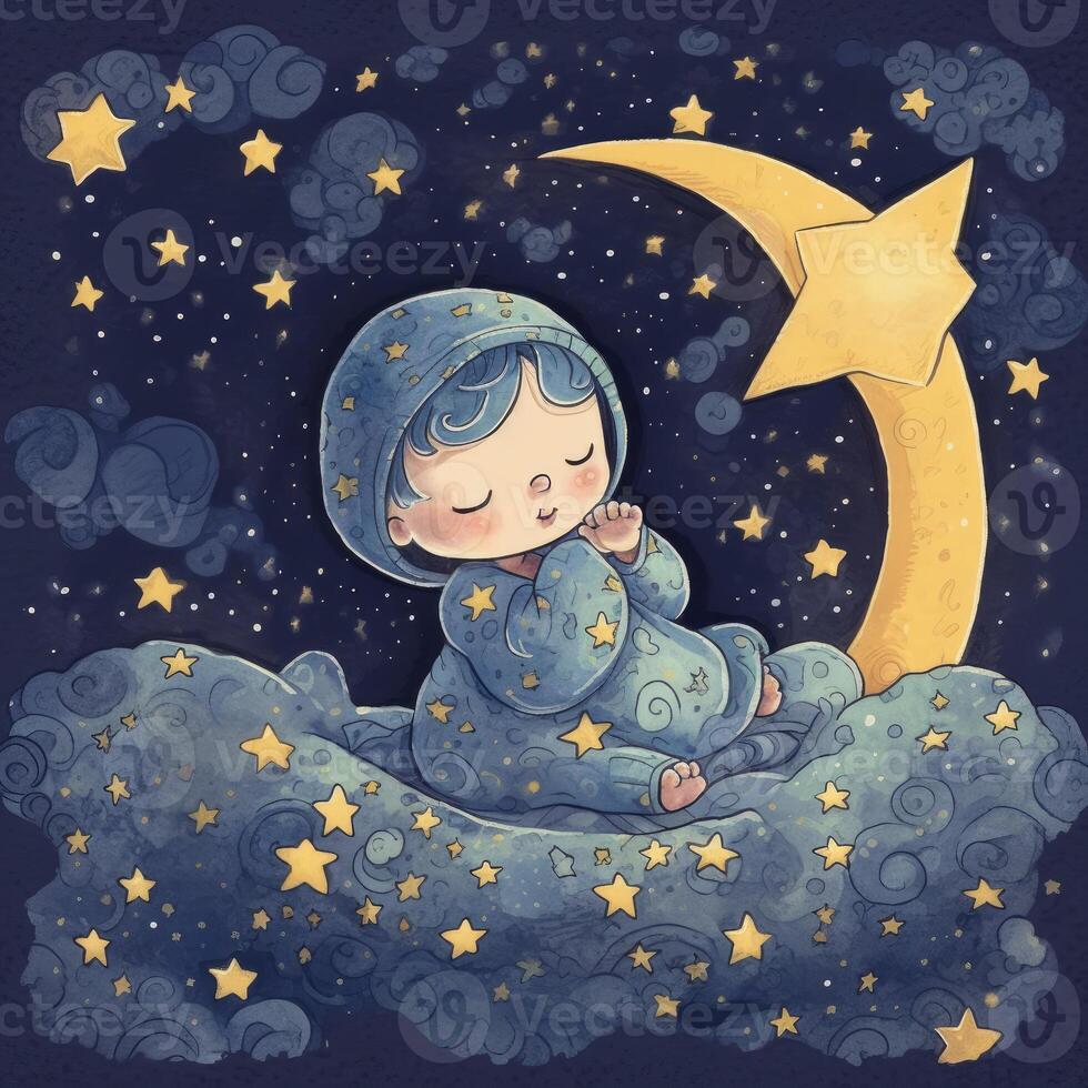 Baby sleeping among blue sky, bright moon and stars, cartoon with photo