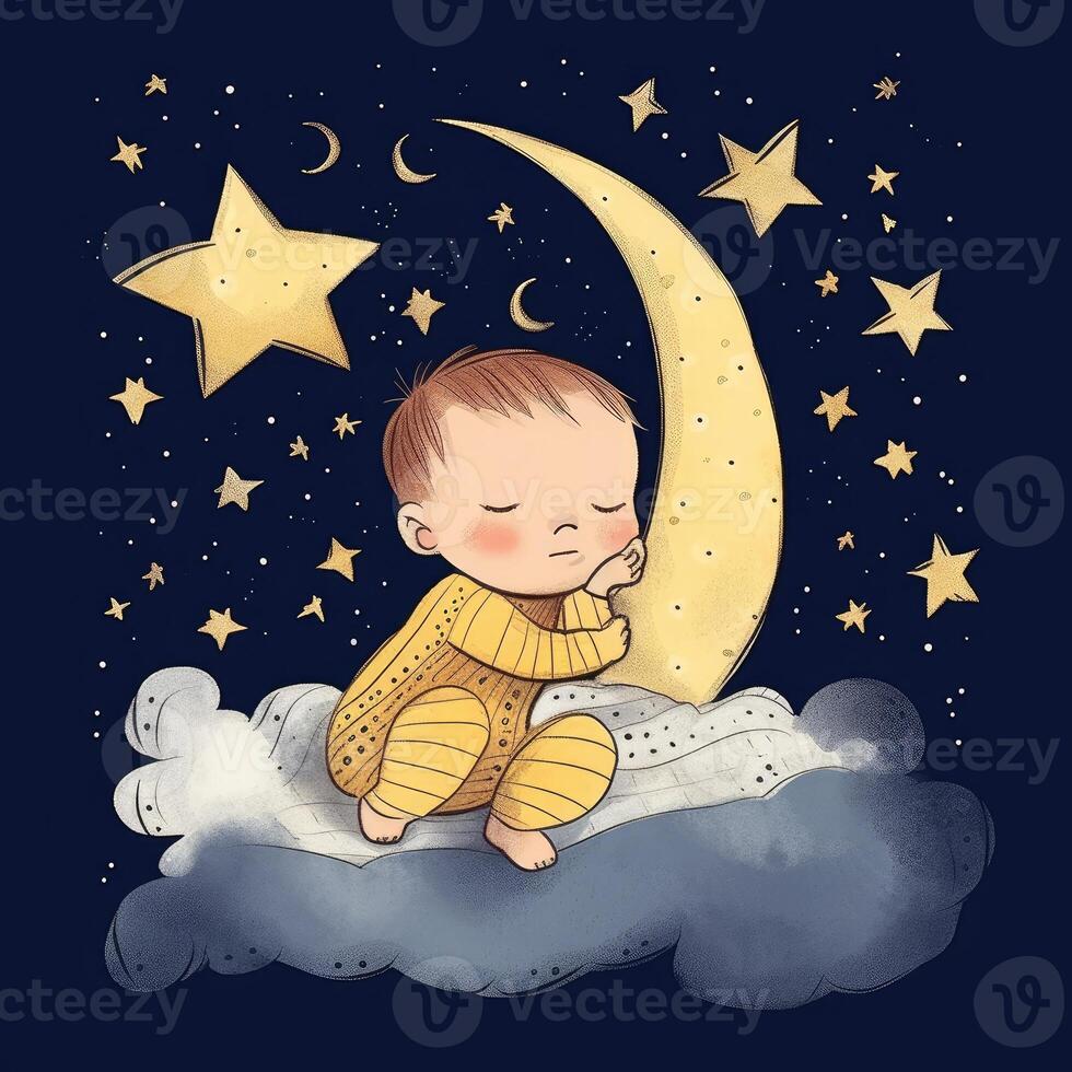 Baby sleeping among blue sky, bright moon and stars, cartoon with photo