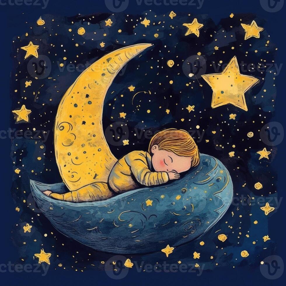 Baby sleeping among blue sky, bright moon and stars, cartoon with photo