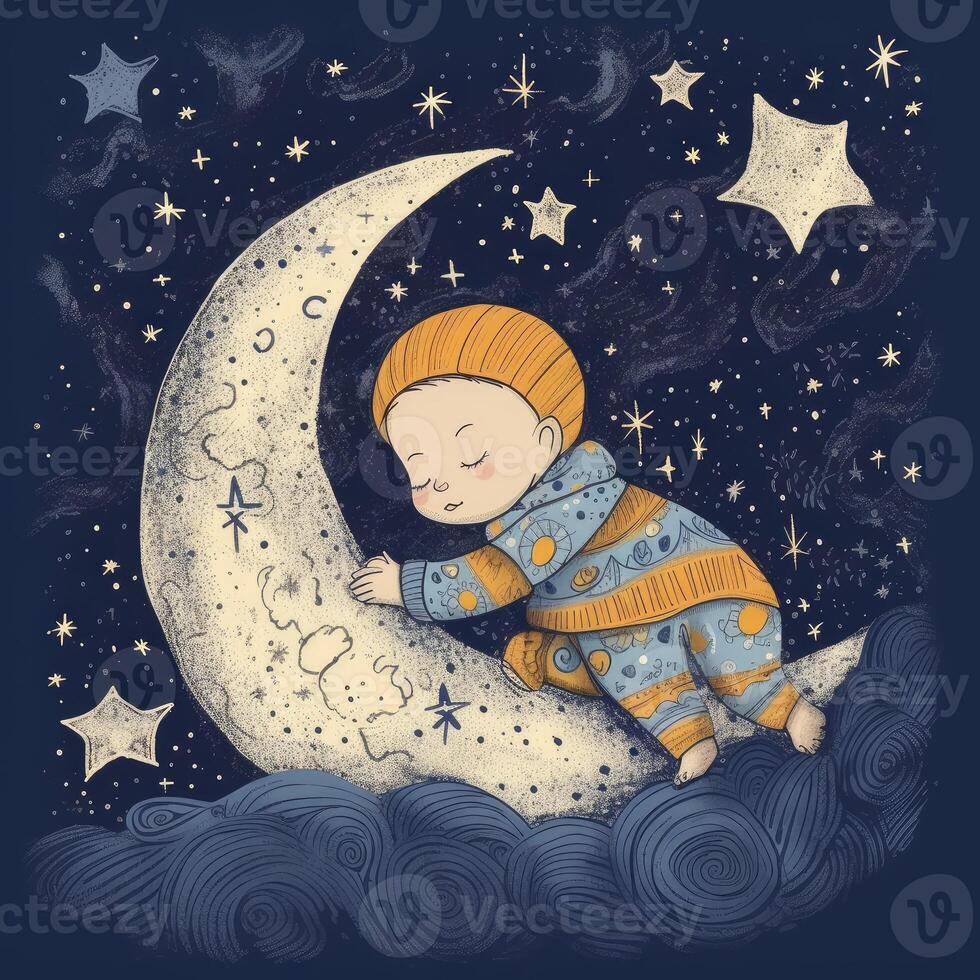 Baby sleeping among blue sky, bright moon and stars, cartoon with photo