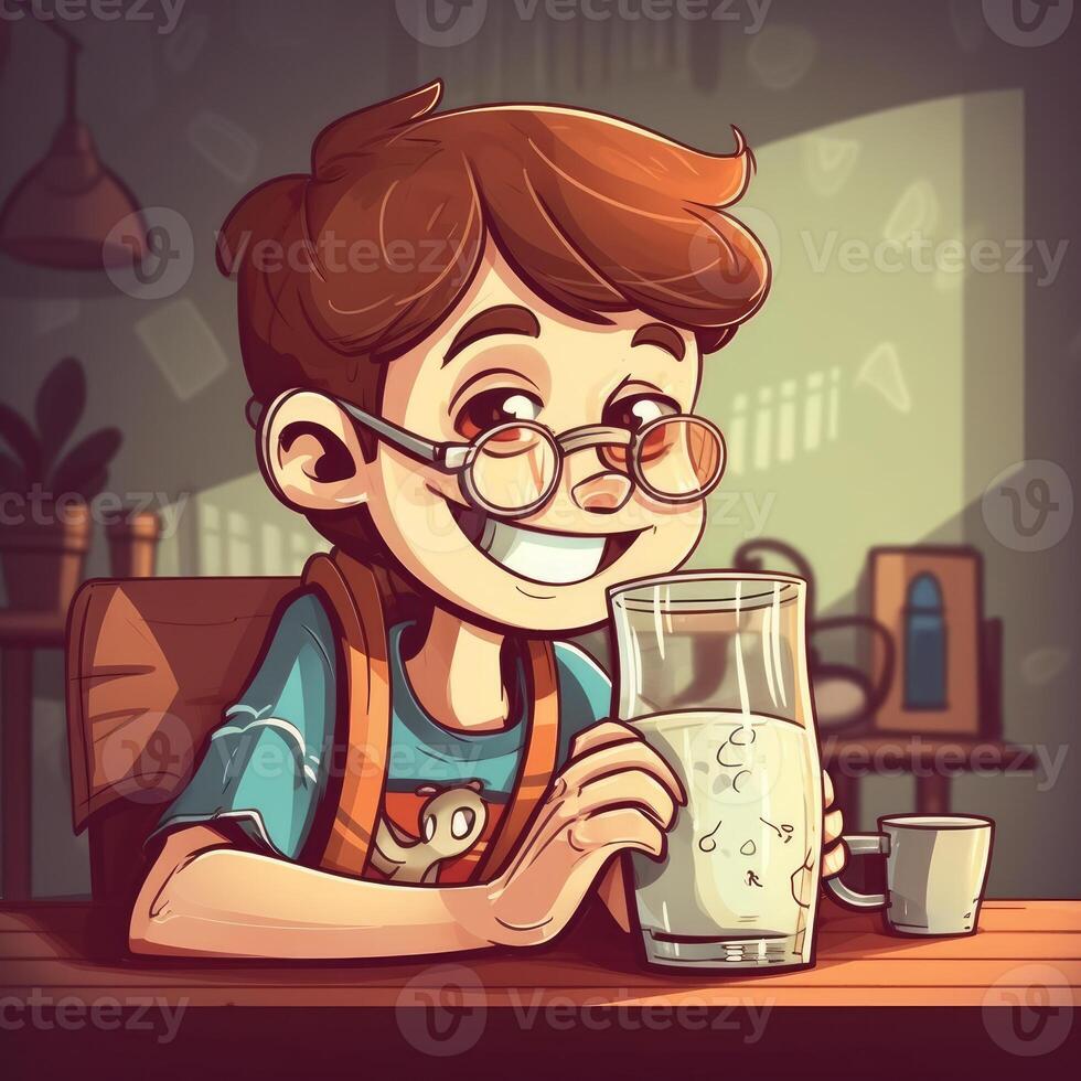 Young boy drinking milk, cartoon illustration with photo