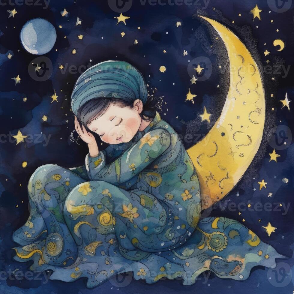 Baby sleeping among blue sky, bright moon and stars, cartoon with photo