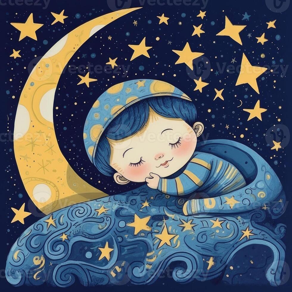 Baby sleeping among blue sky, bright moon and stars, cartoon with photo