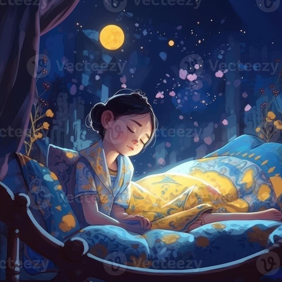 Girl sleeping among the blue sky, bright moon and stars, cartoon with photo