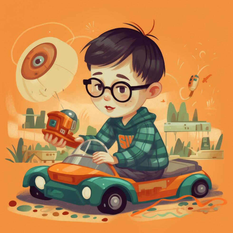 Boy playing with toy car, cartoon illustration with photo
