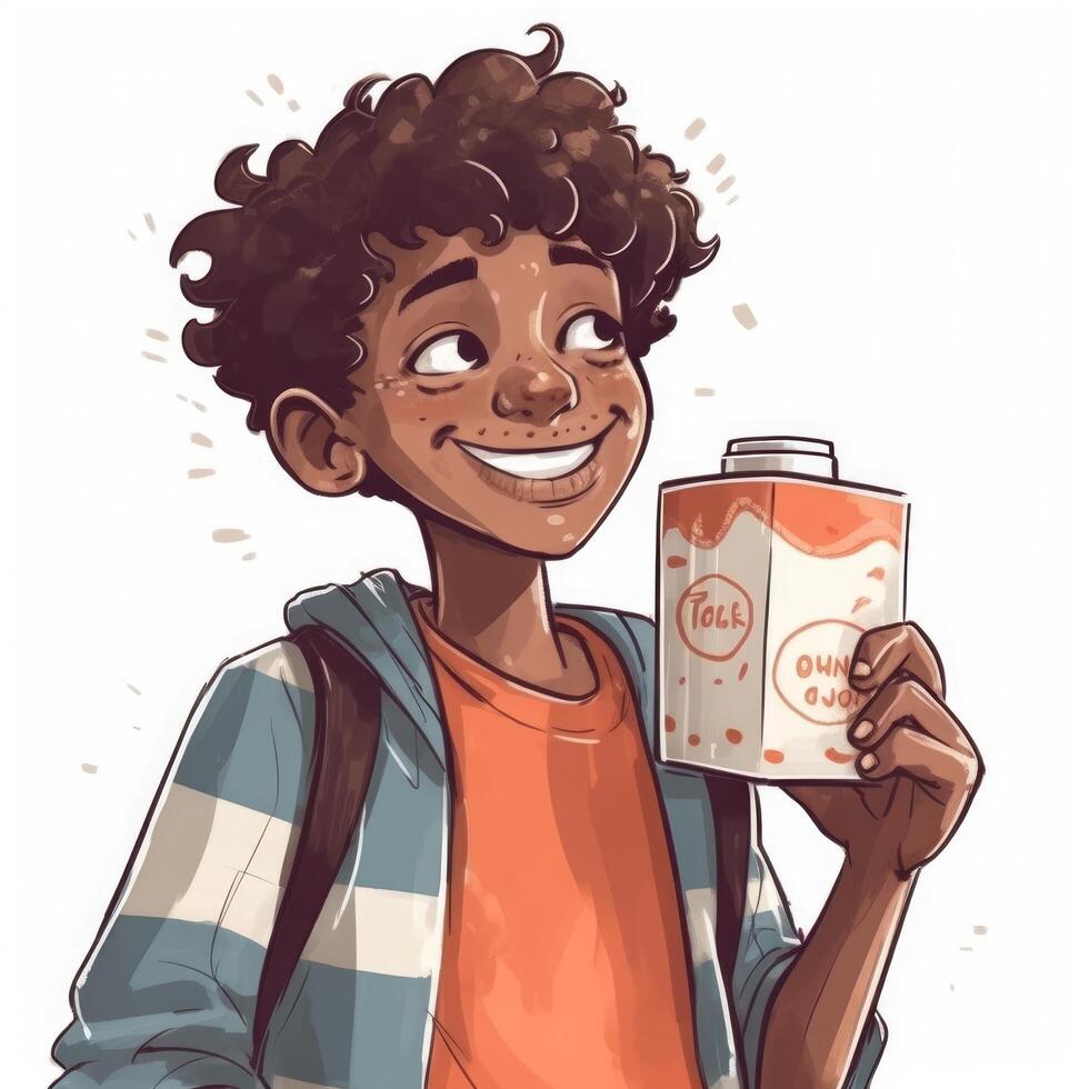 Young boy drinking milk, cartoon illustration with photo