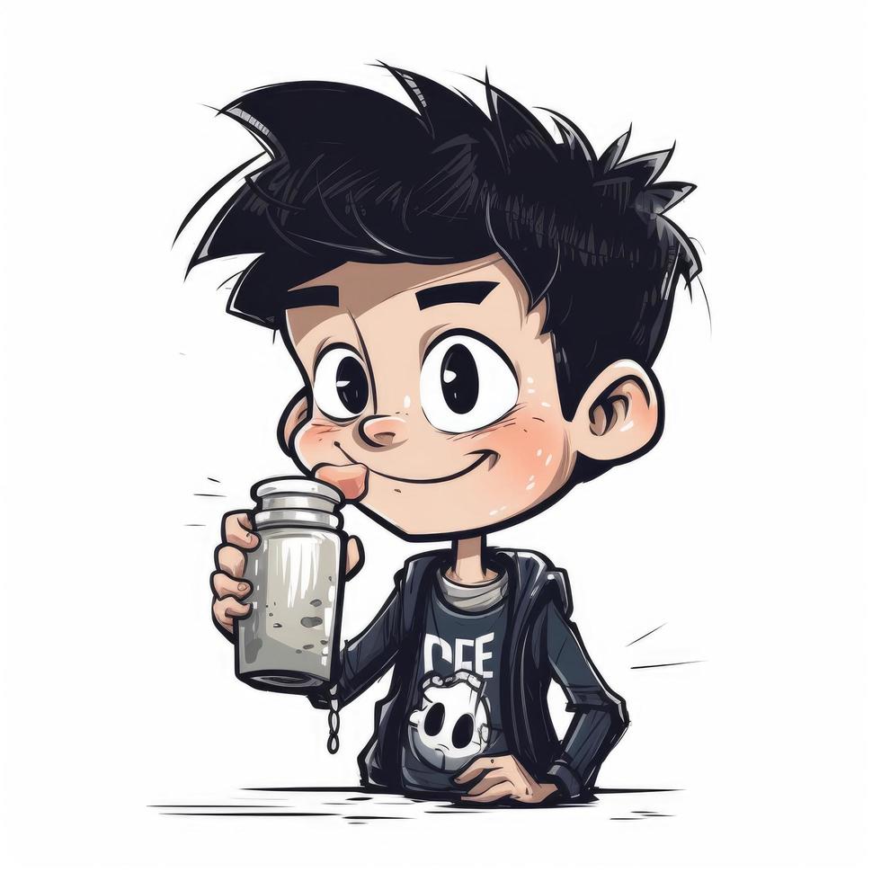 Young boy drinking milk, cartoon illustration with generative ai photo