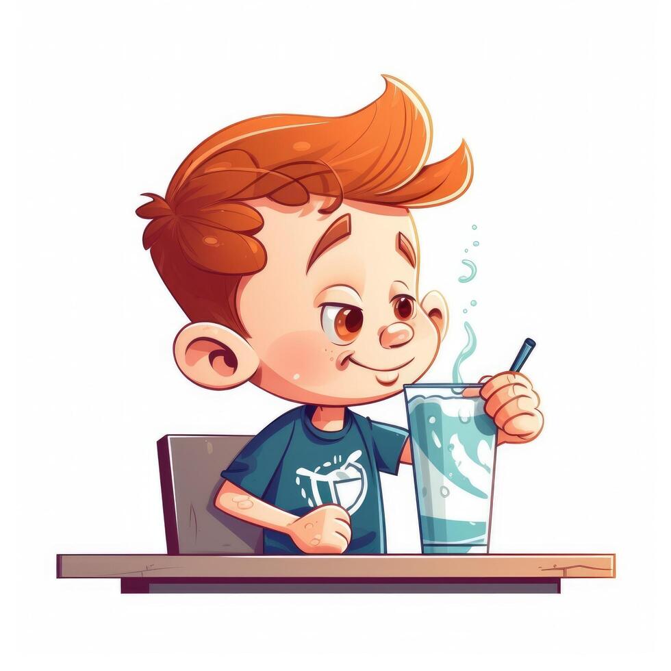 Young boy drinking milk, cartoon illustration with photo
