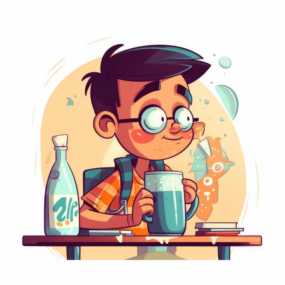 Young boy drinking milk, cartoon illustration with photo