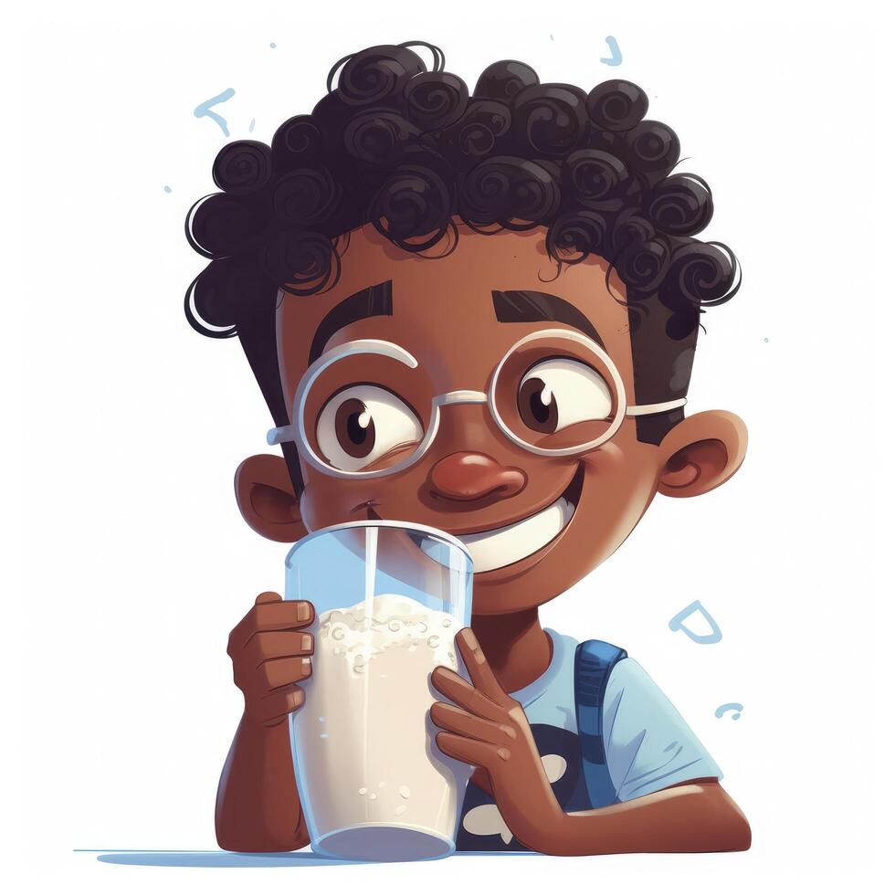 Young boy drinking milk, cartoon illustration with photo